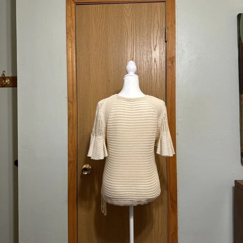 Free People Medium Off-White Open-Knit Short Sleeve Knit Top w/Bell Sleeves